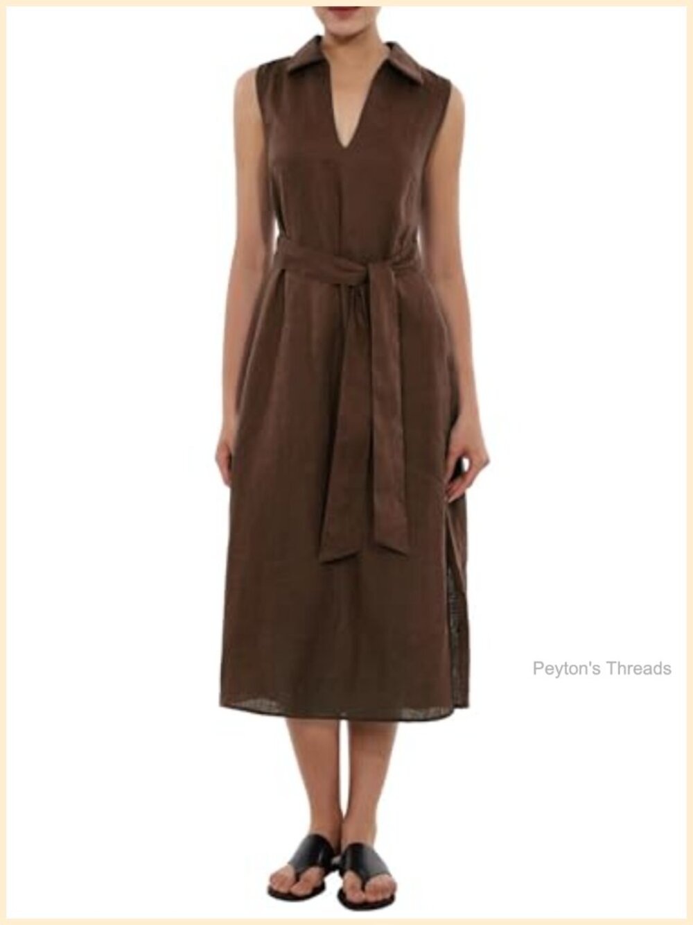 100% Linen Midi Dress Stand Collar with Waist Belt